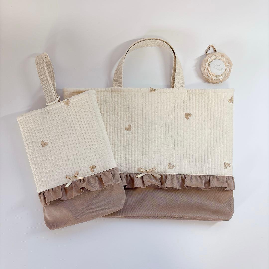 TMKJ様　レッスンバッグ　上履き袋　体操着袋　ヌビ　ハート　刺繍生地