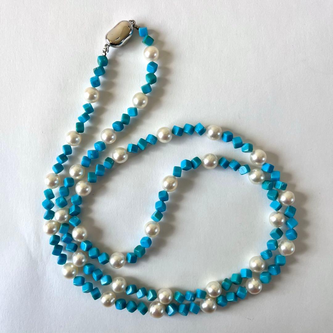 未使用級✨あこや真珠＆ターコイズ キューブカット ロングネックレス 2連可能