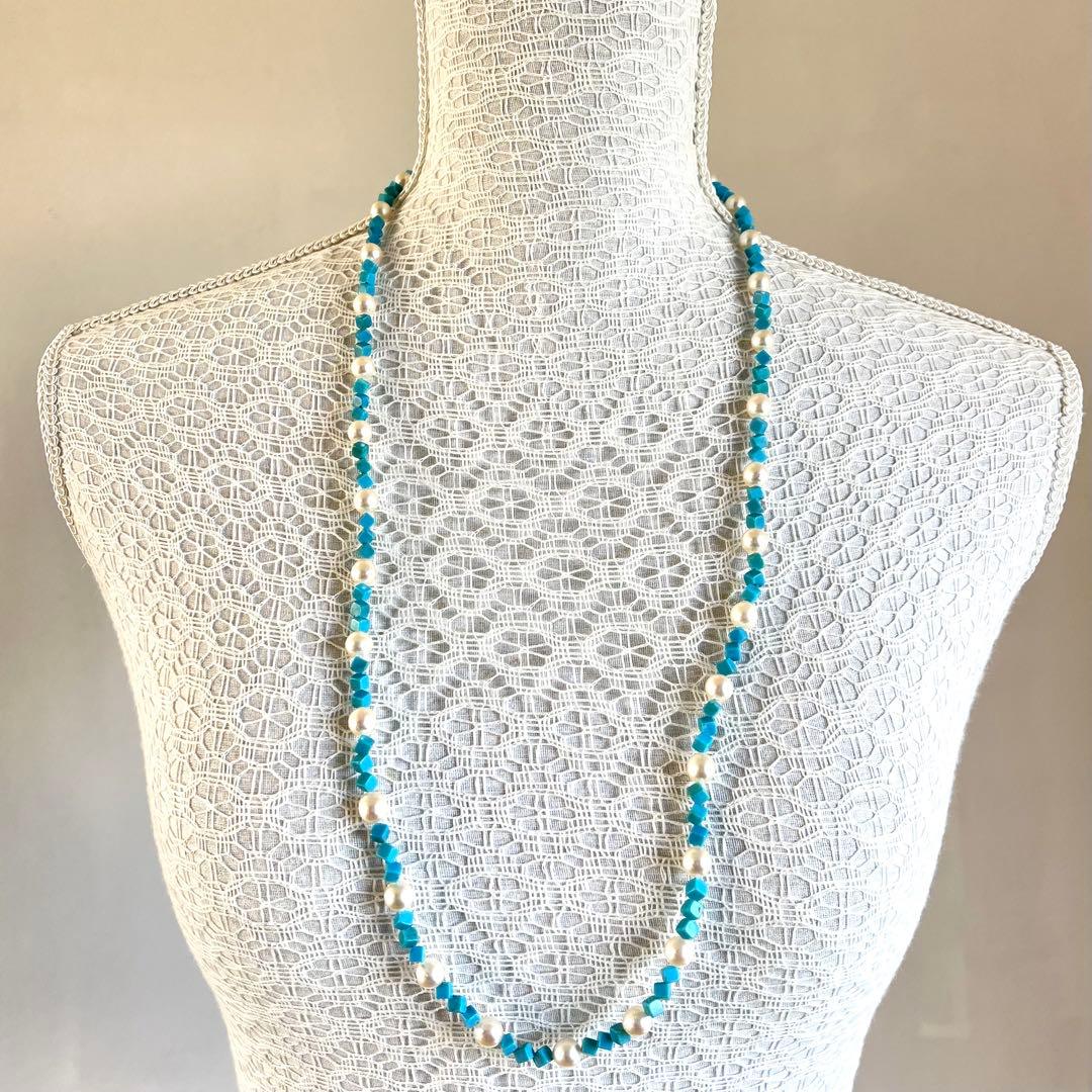 未使用級✨あこや真珠＆ターコイズ キューブカット ロングネックレス 2連可能