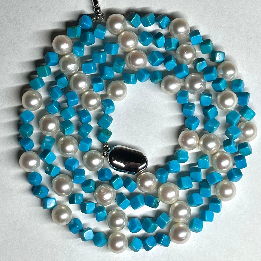 未使用級✨あこや真珠＆ターコイズ キューブカット ロングネックレス 2連可能