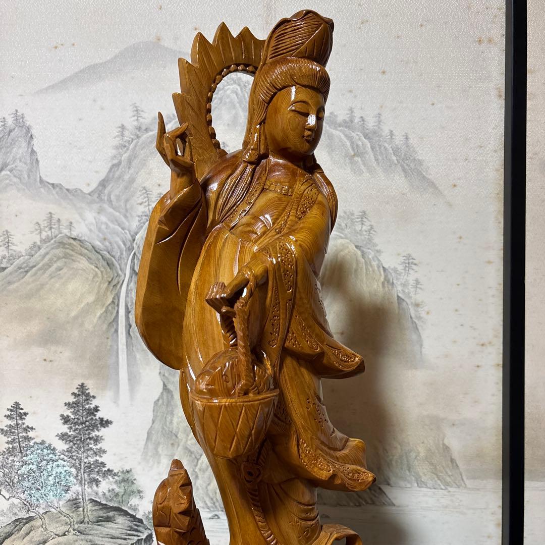 大型 龍乗り　観音菩薩 木彫　仏像 彫刻　開運　風水　置物　縁起物　インテリア