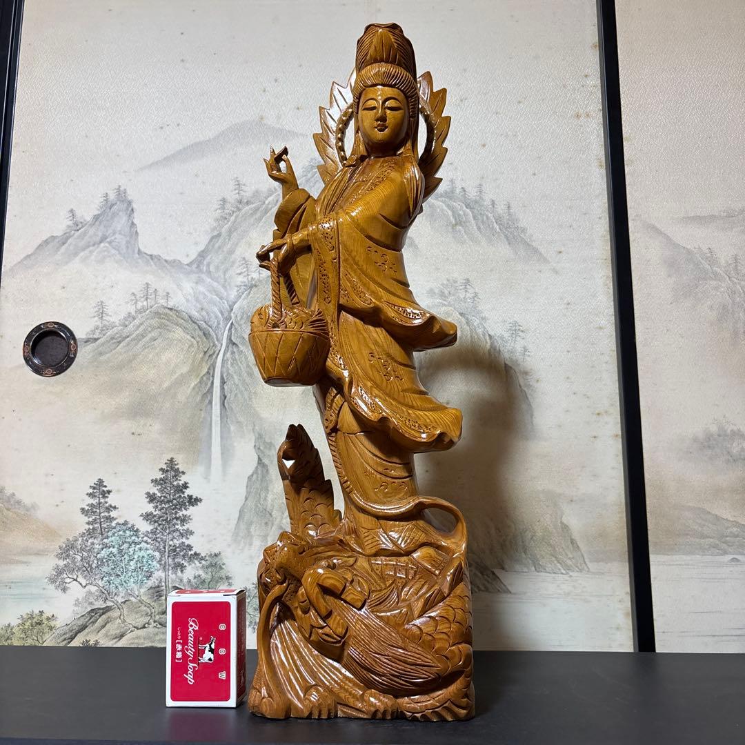 大型 龍乗り　観音菩薩 木彫　仏像 彫刻　開運　風水　置物　縁起物　インテリア