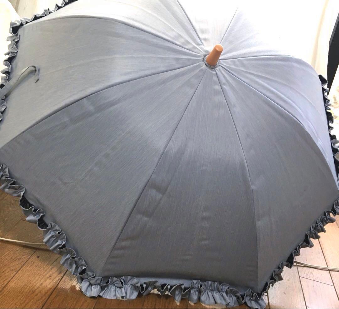 サンバリア100 日傘 Ｓサイズ　フリル　フロストブルー　木曲がり手元