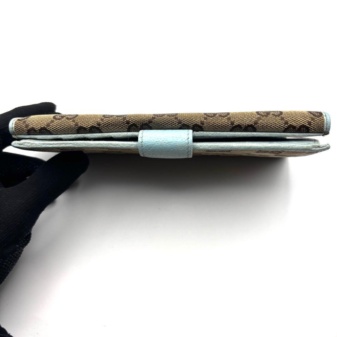 グッチ 長財布 GGキャンバス ロゴプレート 折り財布 Wフラップ ブルー