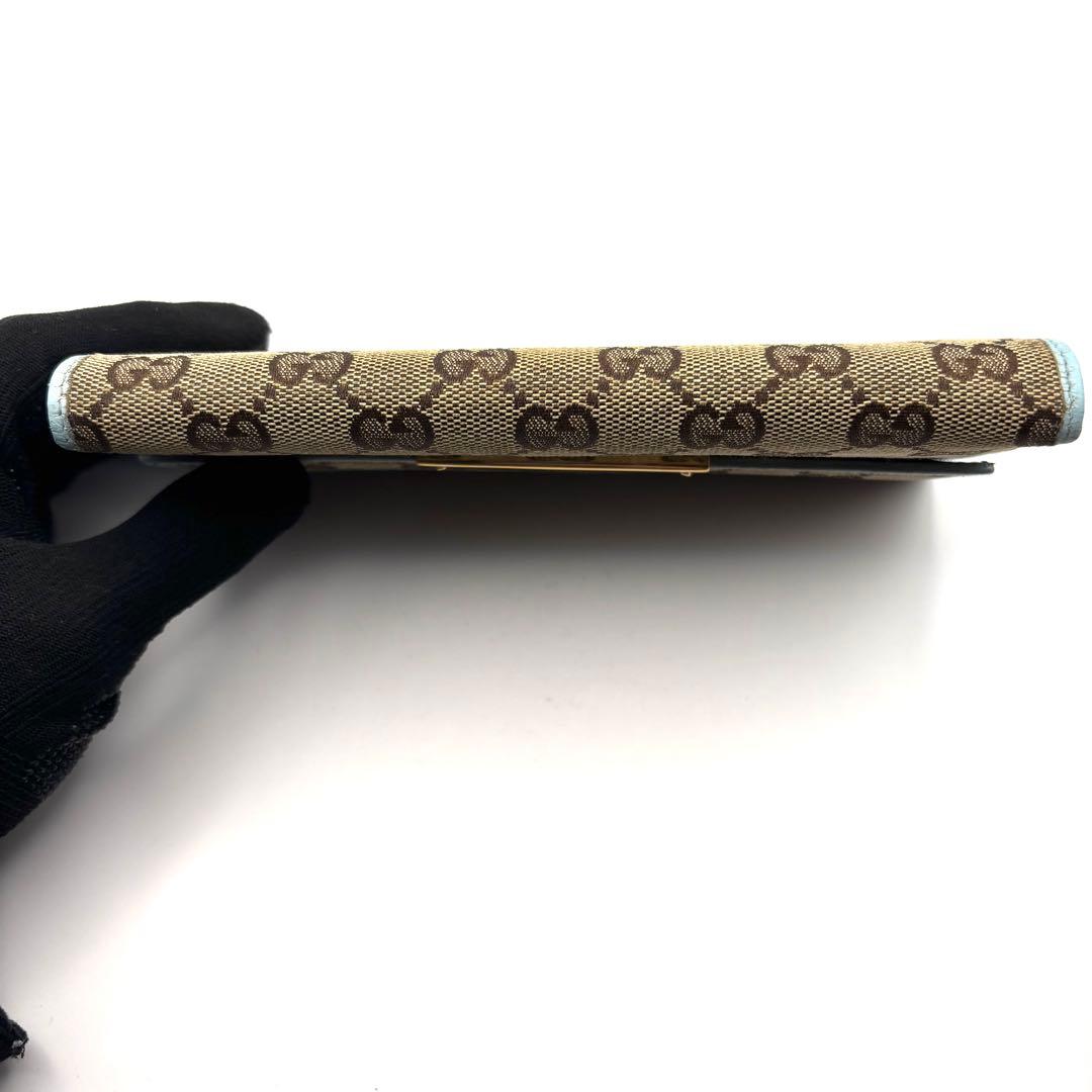 グッチ 長財布 GGキャンバス ロゴプレート 折り財布 Wフラップ ブルー