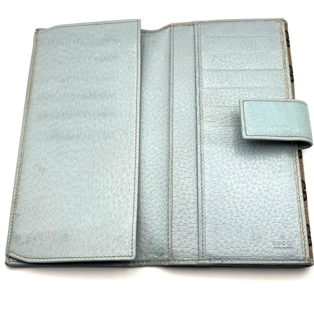 グッチ 長財布 GGキャンバス ロゴプレート 折り財布 Wフラップ ブルー