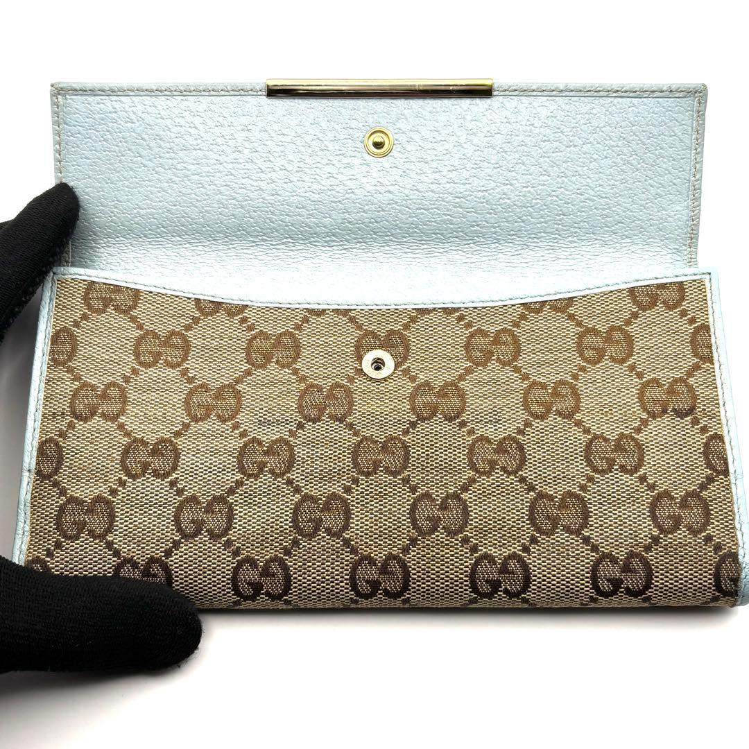 グッチ 長財布 GGキャンバス ロゴプレート 折り財布 Wフラップ ブルー