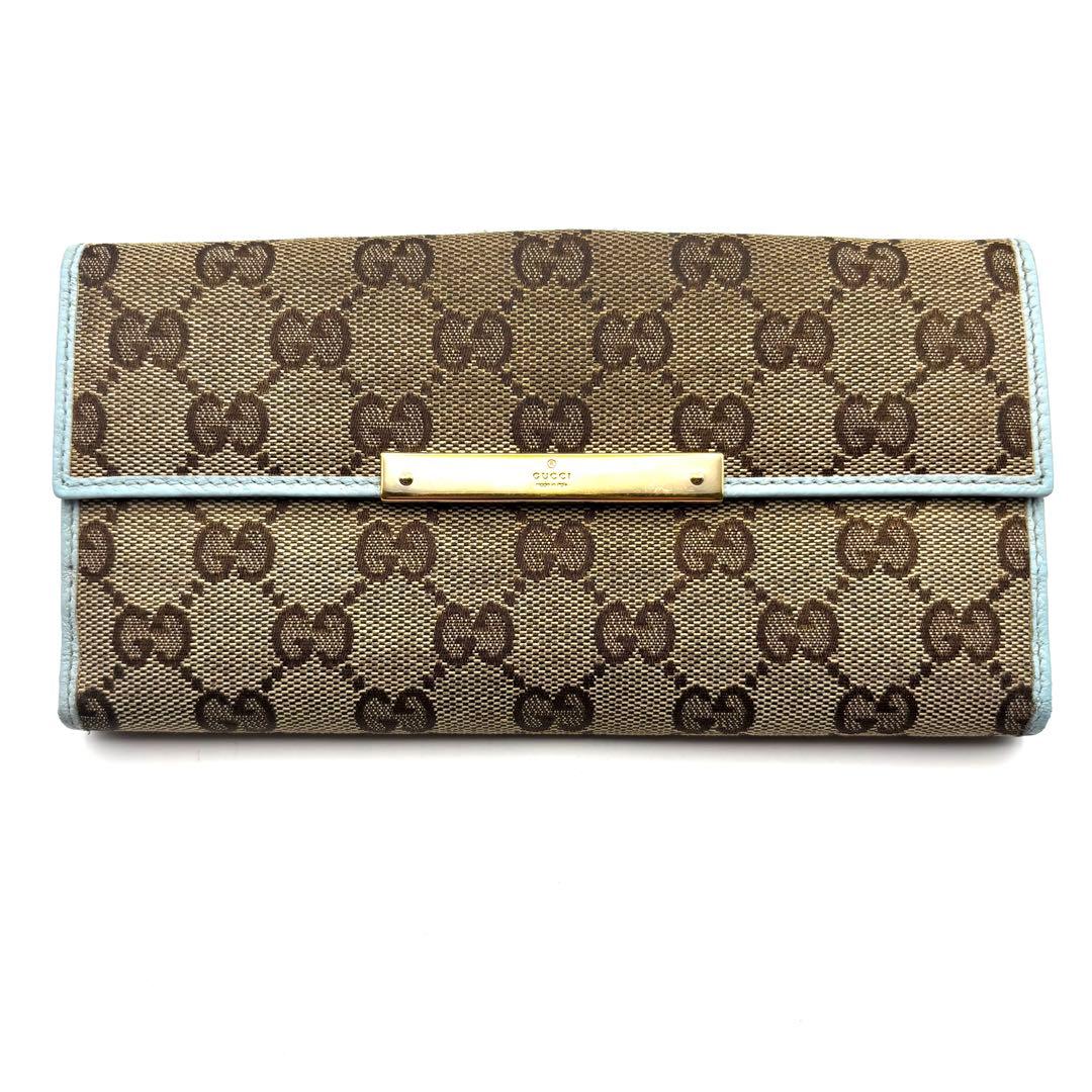 グッチ 長財布 GGキャンバス ロゴプレート 折り財布 Wフラップ ブルー