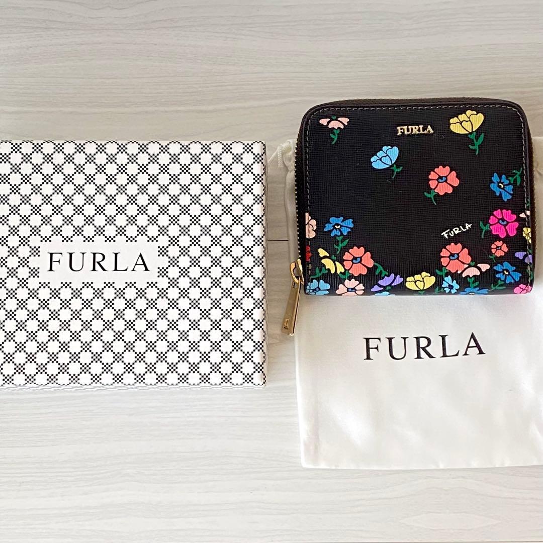 新品 FURLA フルラ 花柄 二つ折り ウォレット 財布 袋 箱付き ブラック