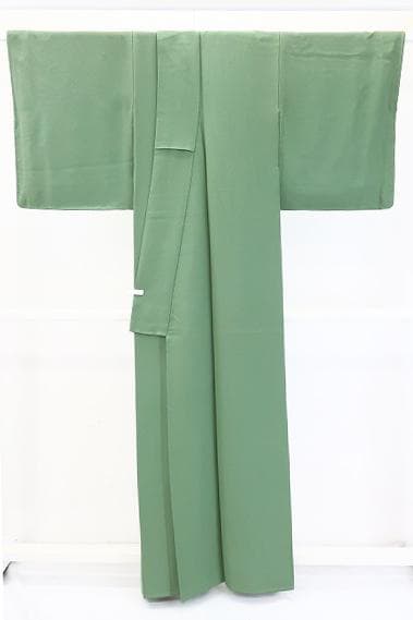 未使用品 色無地 薄緑 縮緬地 一つ紋 草木染作家 瑞寶 身丈159cm