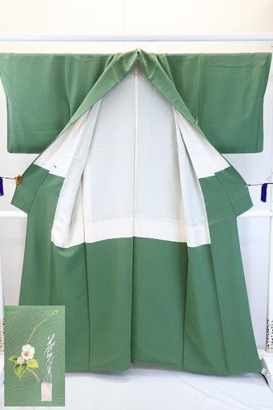 未使用品 色無地 薄緑 縮緬地 一つ紋 草木染作家 瑞寶 身丈159cm