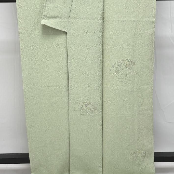 ゆりのはな　付下げ　汕頭刺繍　扇子柄　ちりめん　トール　薄山葵色　正絹　H609