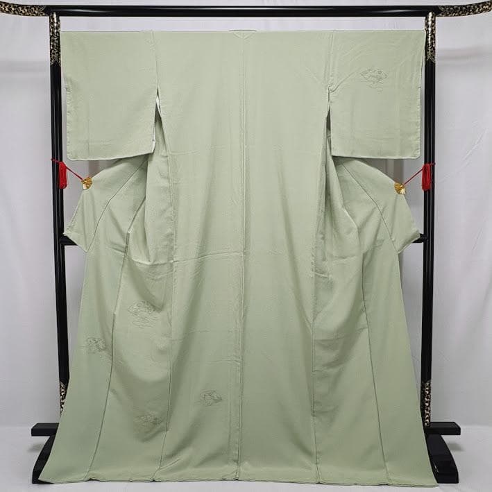 ゆりのはな　付下げ　汕頭刺繍　扇子柄　ちりめん　トール　薄山葵色　正絹　H609