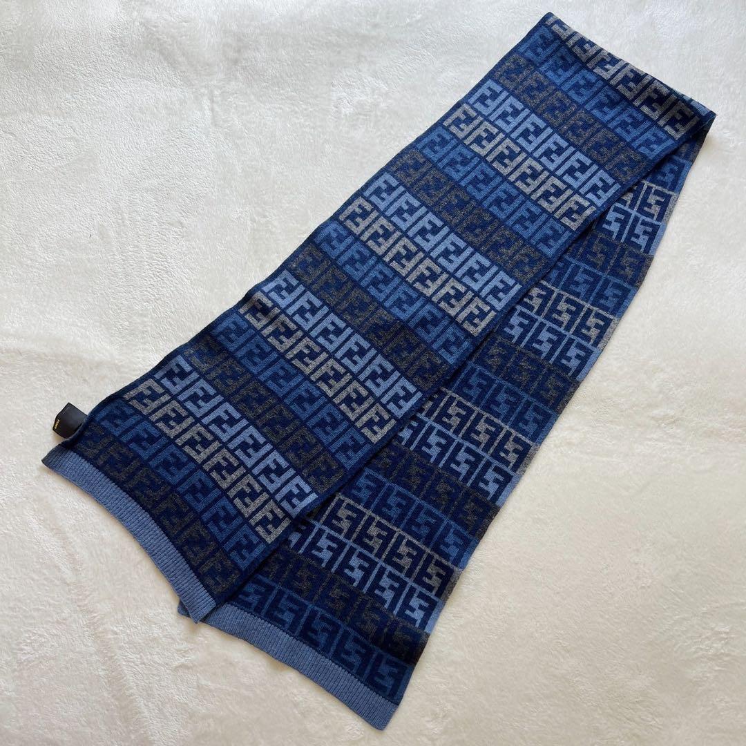 フェンディ　FENDI　マフラー　カシミヤ混　ズッカ　ブルー　ニット