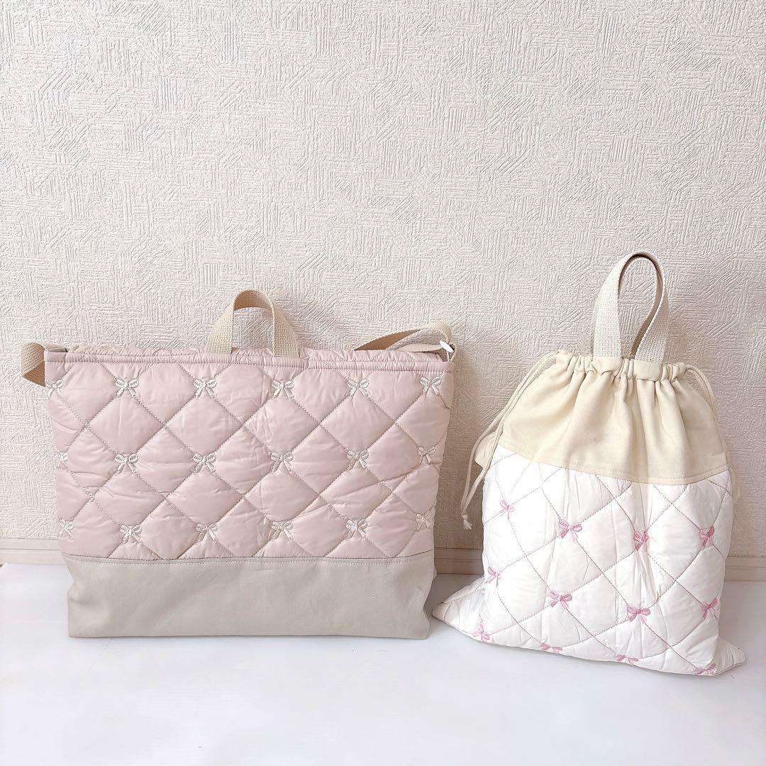 図書バッグ　体操服袋　リボンキルト