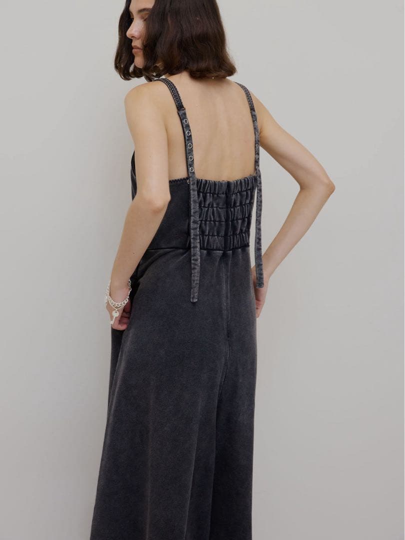 ameri デニムライクボリュームキャミロンパース　サロペット　ブラック