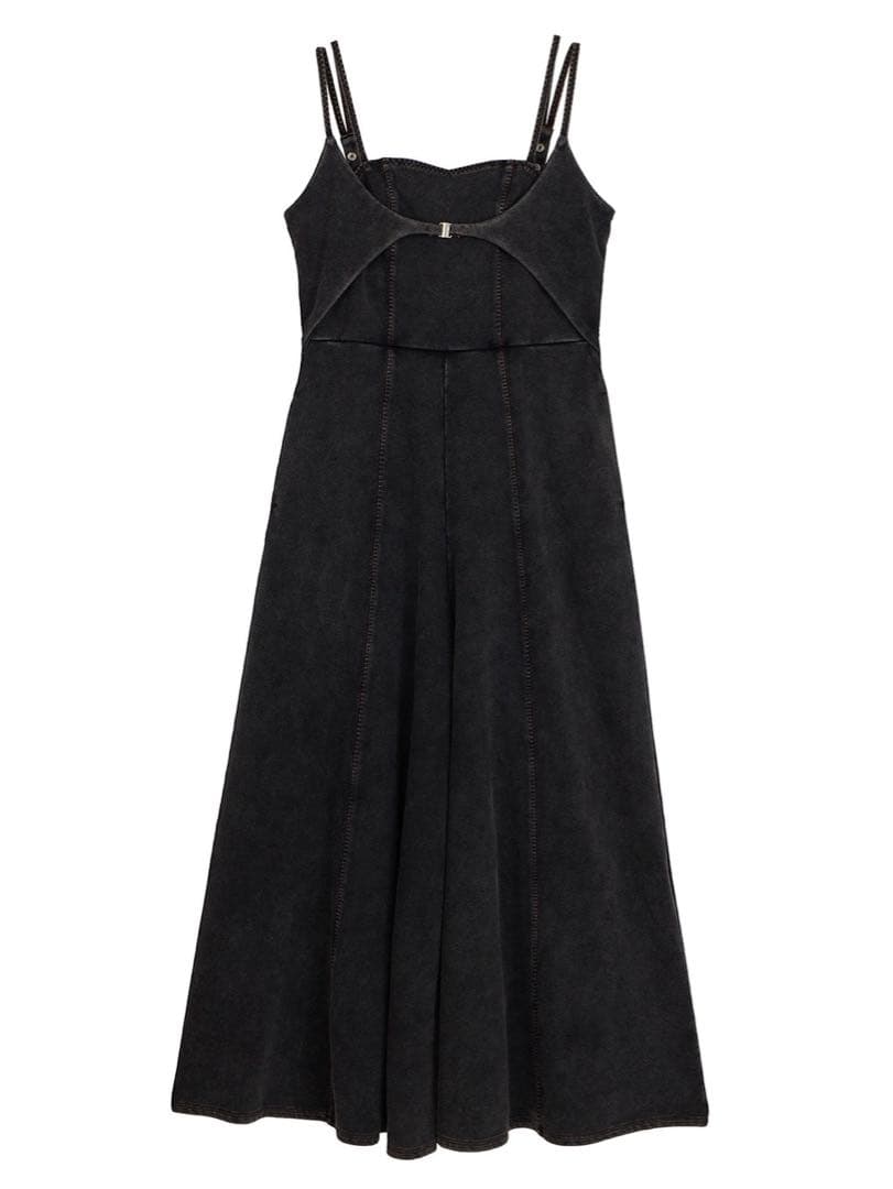 ameri デニムライクボリュームキャミロンパース　サロペット　ブラック