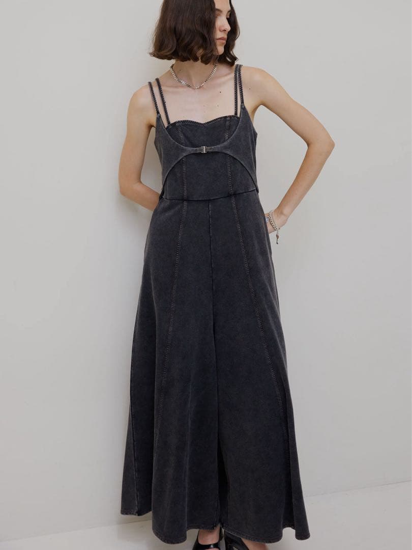 ameri デニムライクボリュームキャミロンパース　サロペット　ブラック