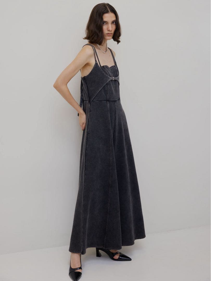 ameri デニムライクボリュームキャミロンパース　サロペット　ブラック