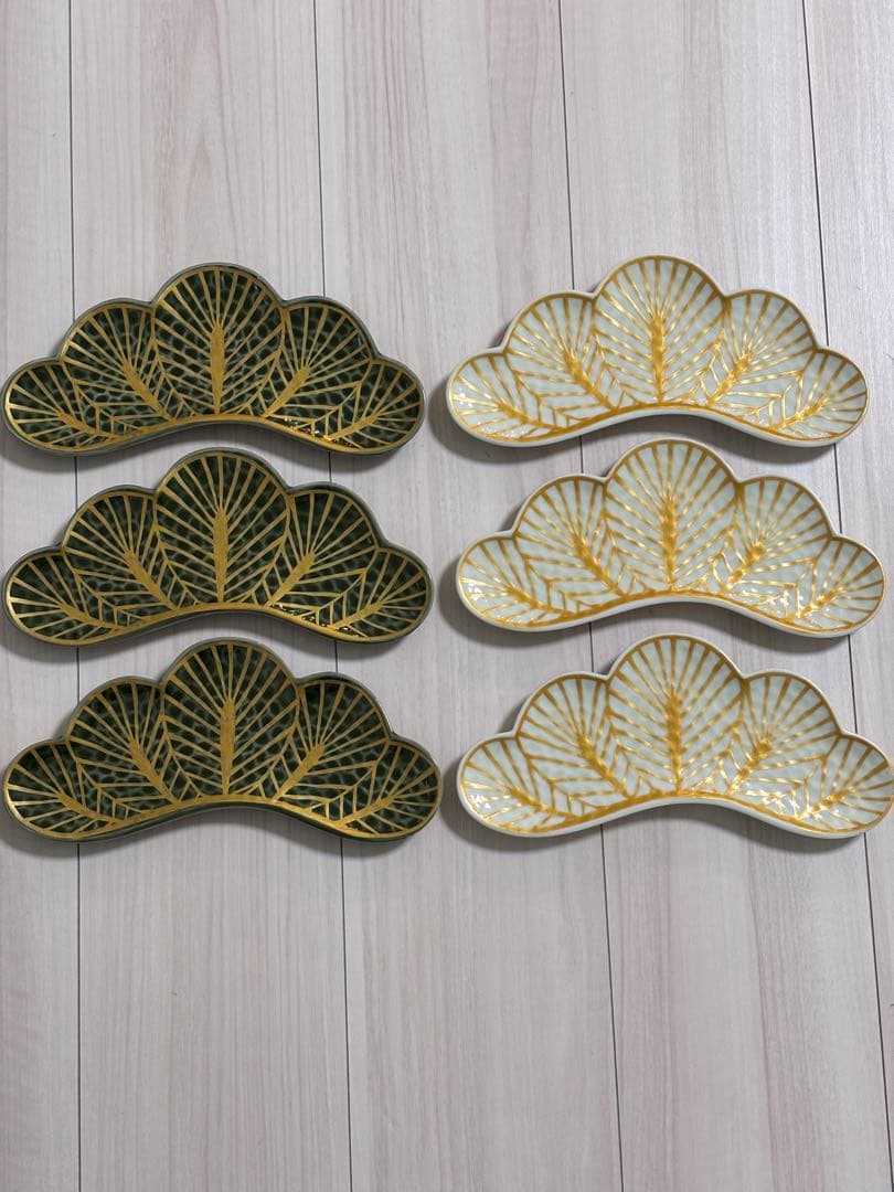 【新品】有田焼　幸楽窯　松葉形前菜皿　緑白6枚セット