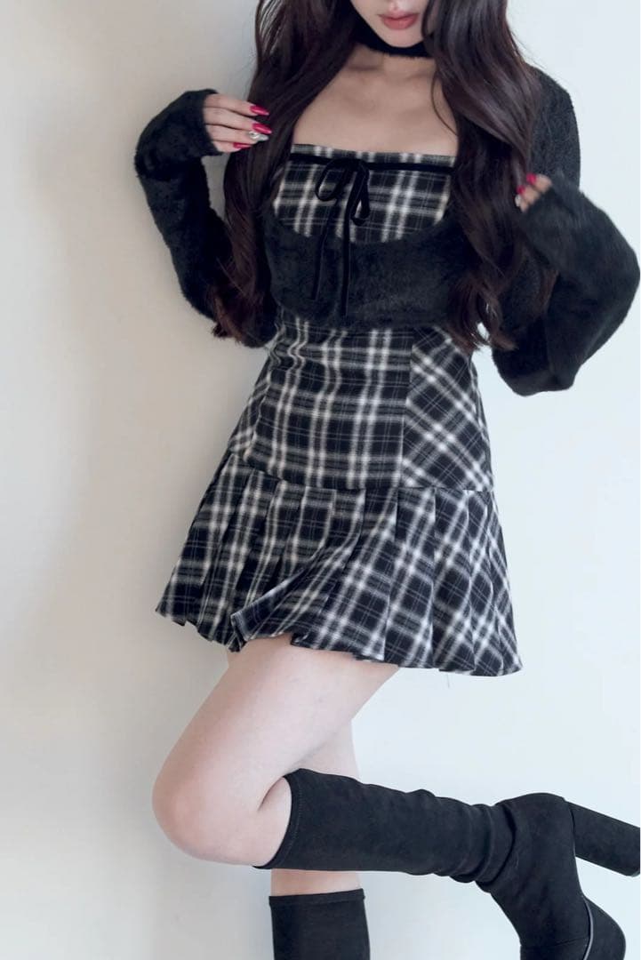 bunnylis ファーボレロ×チェックミニワンピ ブラックSサイズ