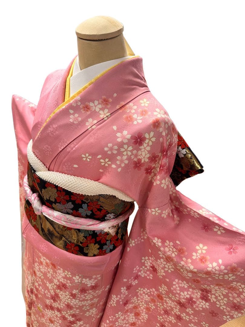 振袖 正絹 ピンク グレー グラデーション 桜 金刺繍 5点セット　306