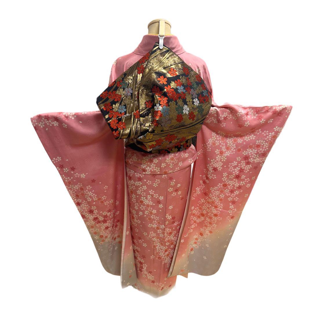 振袖 正絹 ピンク グレー グラデーション 桜 金刺繍 5点セット　306