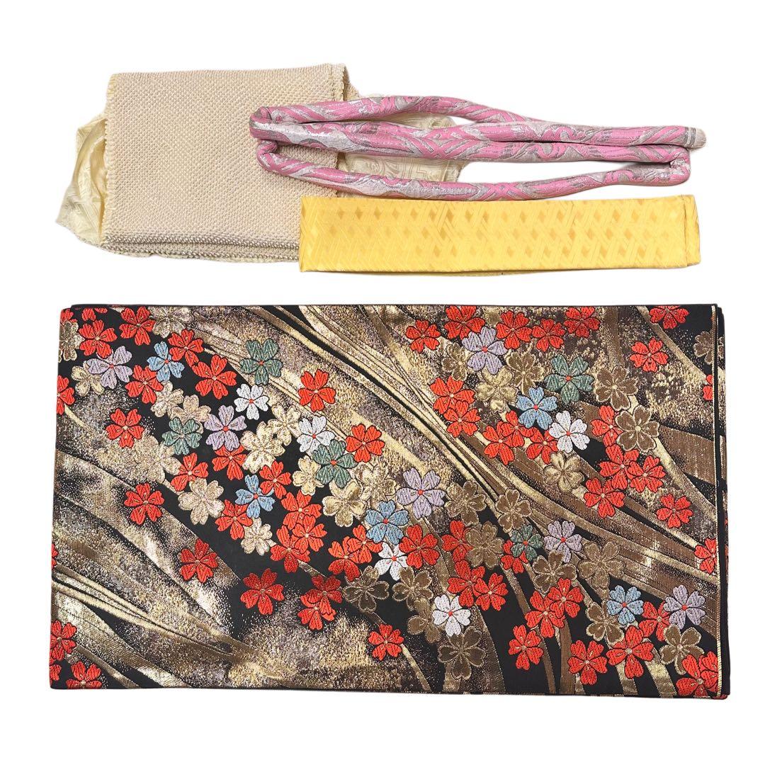 振袖 正絹 ピンク グレー グラデーション 桜 金刺繍 5点セット　306