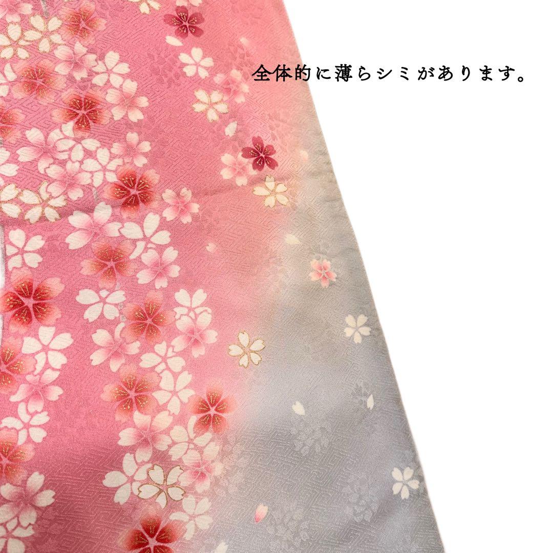 振袖 正絹 ピンク グレー グラデーション 桜 金刺繍 5点セット　306