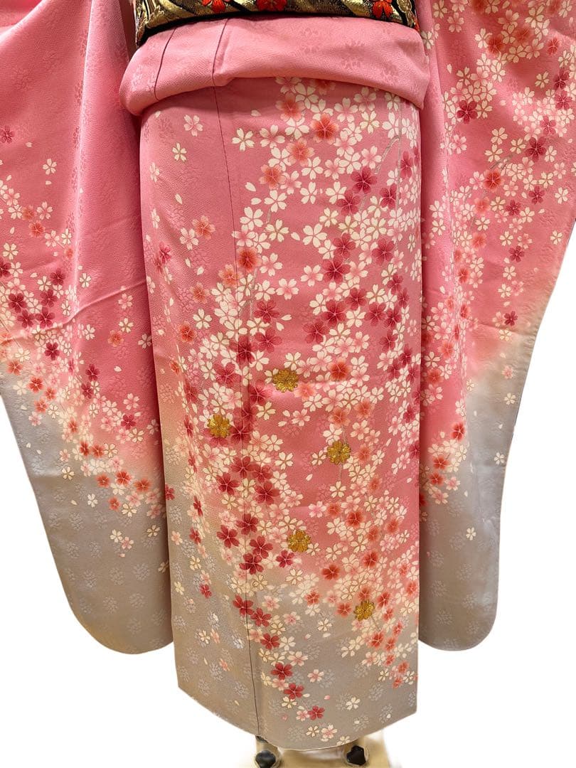 振袖 正絹 ピンク グレー グラデーション 桜 金刺繍 5点セット　306