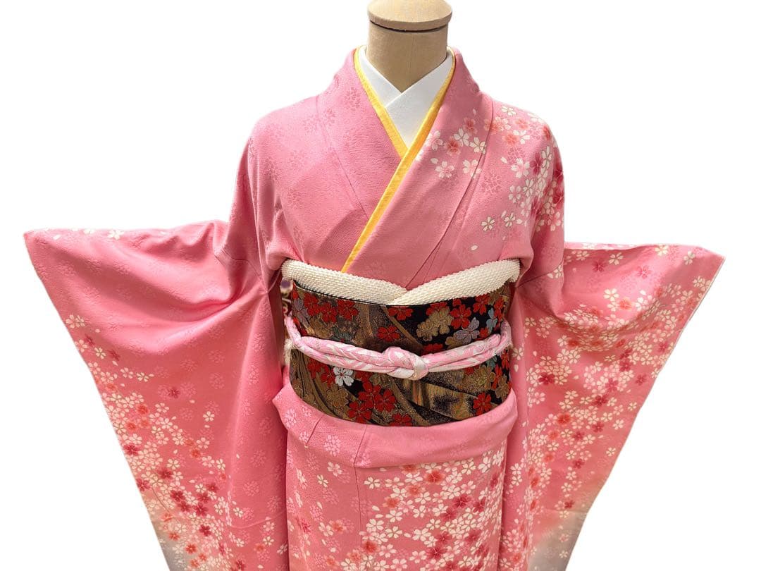 振袖 正絹 ピンク グレー グラデーション 桜 金刺繍 5点セット　306