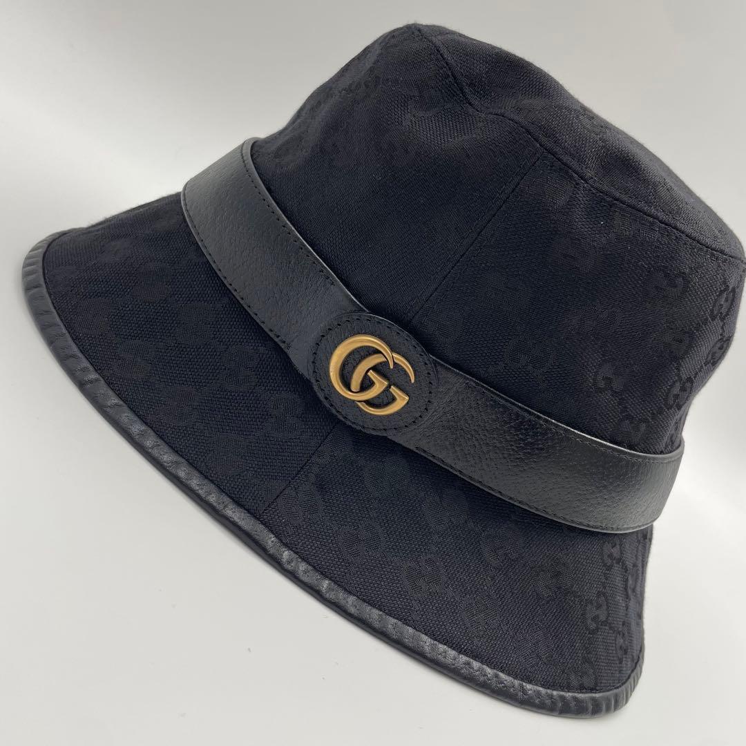 【✨極美品】グッチ マーモント GGキャンバス バケットハット レザー ブラック