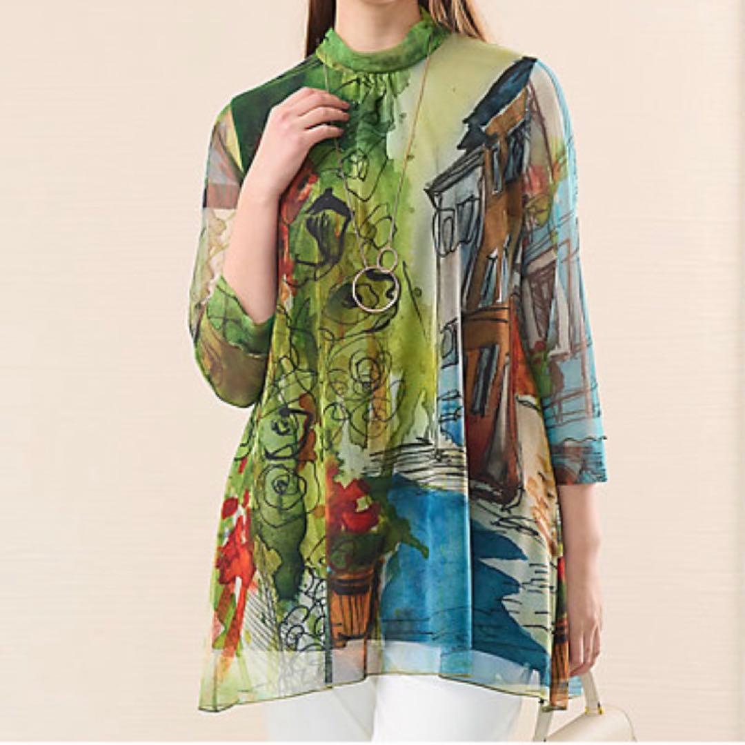 Liliane Burty イタリア製素材 チュールプリントチュニック 街並み柄