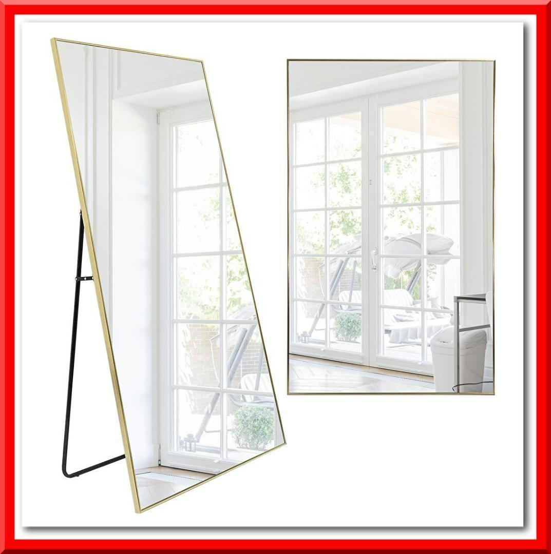 全身鏡 大型（160cmx80cm）鏡 スタンドミラー 姿見鏡 壁掛（ゴールド）