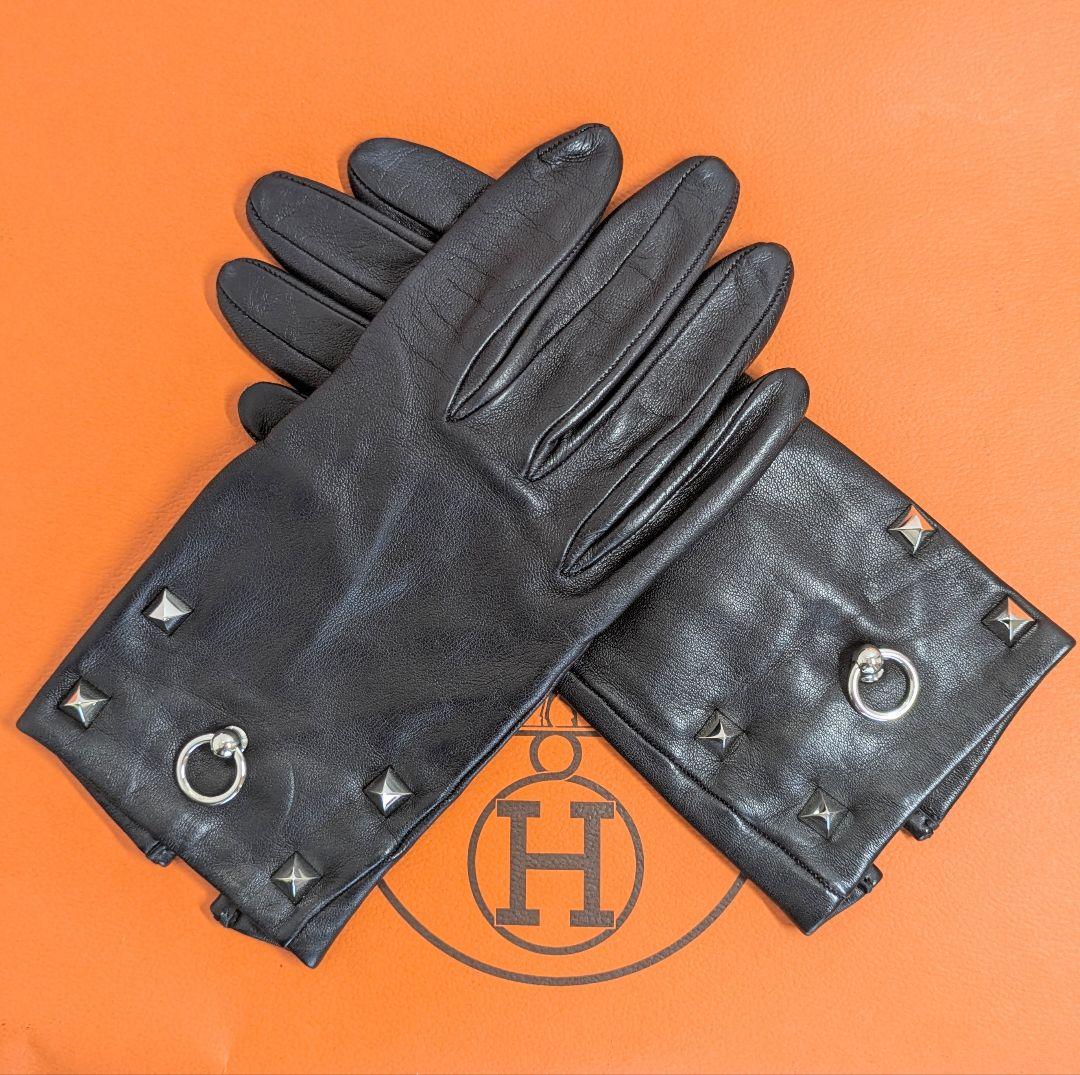 HERMES エルメス ブラック スタッズ ラムスキン グローブ 61/2