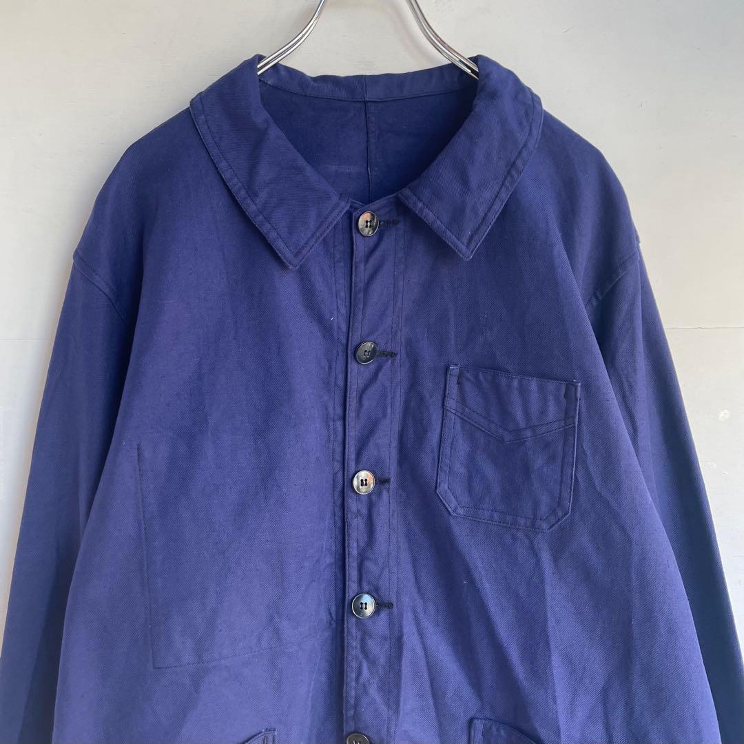 50s 60s フレンチ Vポケカバーオール ワークジャケット ユーロ 古着 青