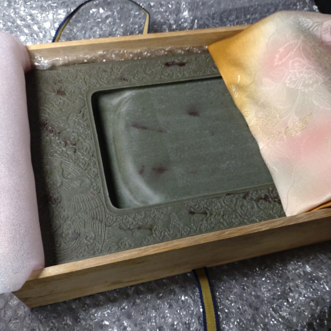 清代 上浣造 雲龍鳳凰彫刻 緑端渓硯 箱付 書道具
