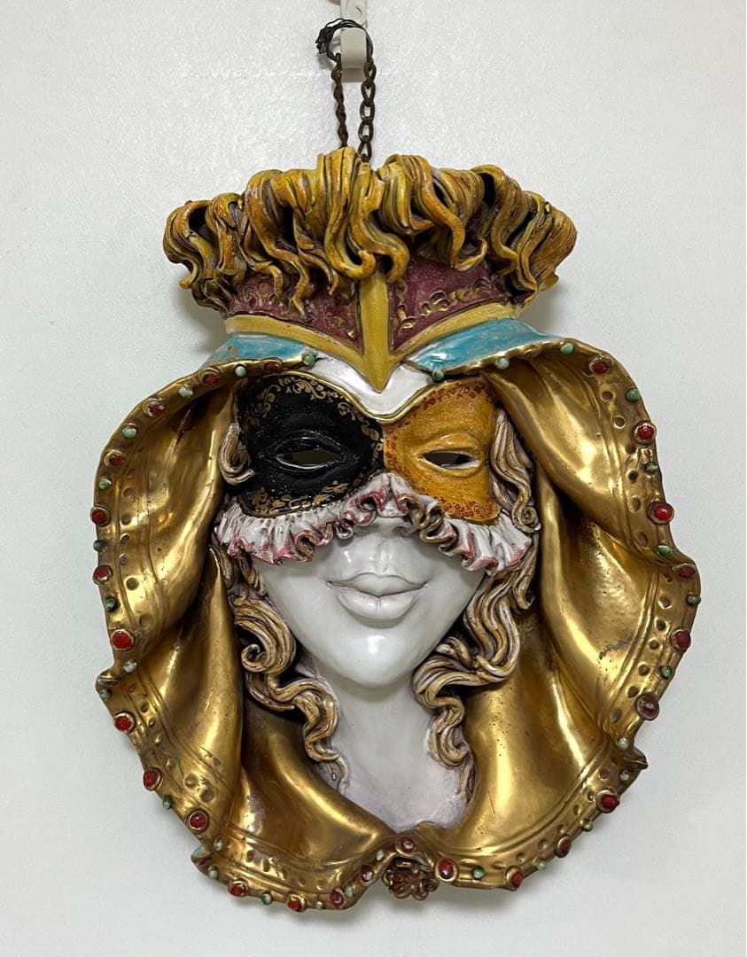 イタリア作家物☆ヴェネチアンマスクの貴婦人 仮面 陶器製壁掛オブジェ