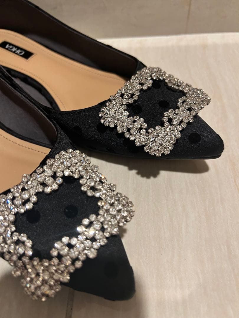 OHGA フロッキードット柄 ビジュー付きフラットシューズ 23㌢