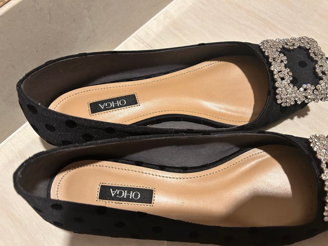 OHGA フロッキードット柄 ビジュー付きフラットシューズ 23㌢