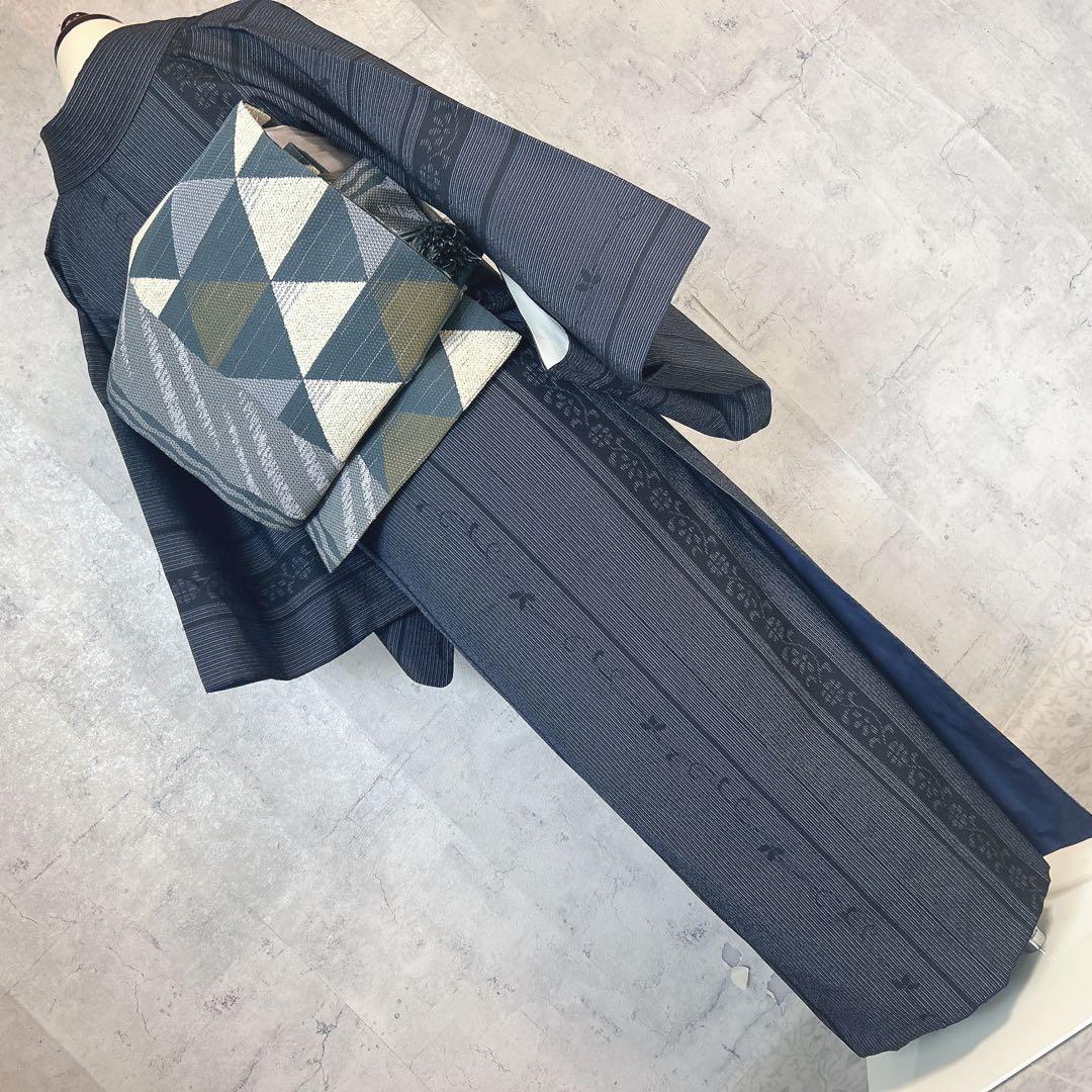 小紋　フルセット　着物　正絹　縦縞　唐草　シャレ帯　紬　p3