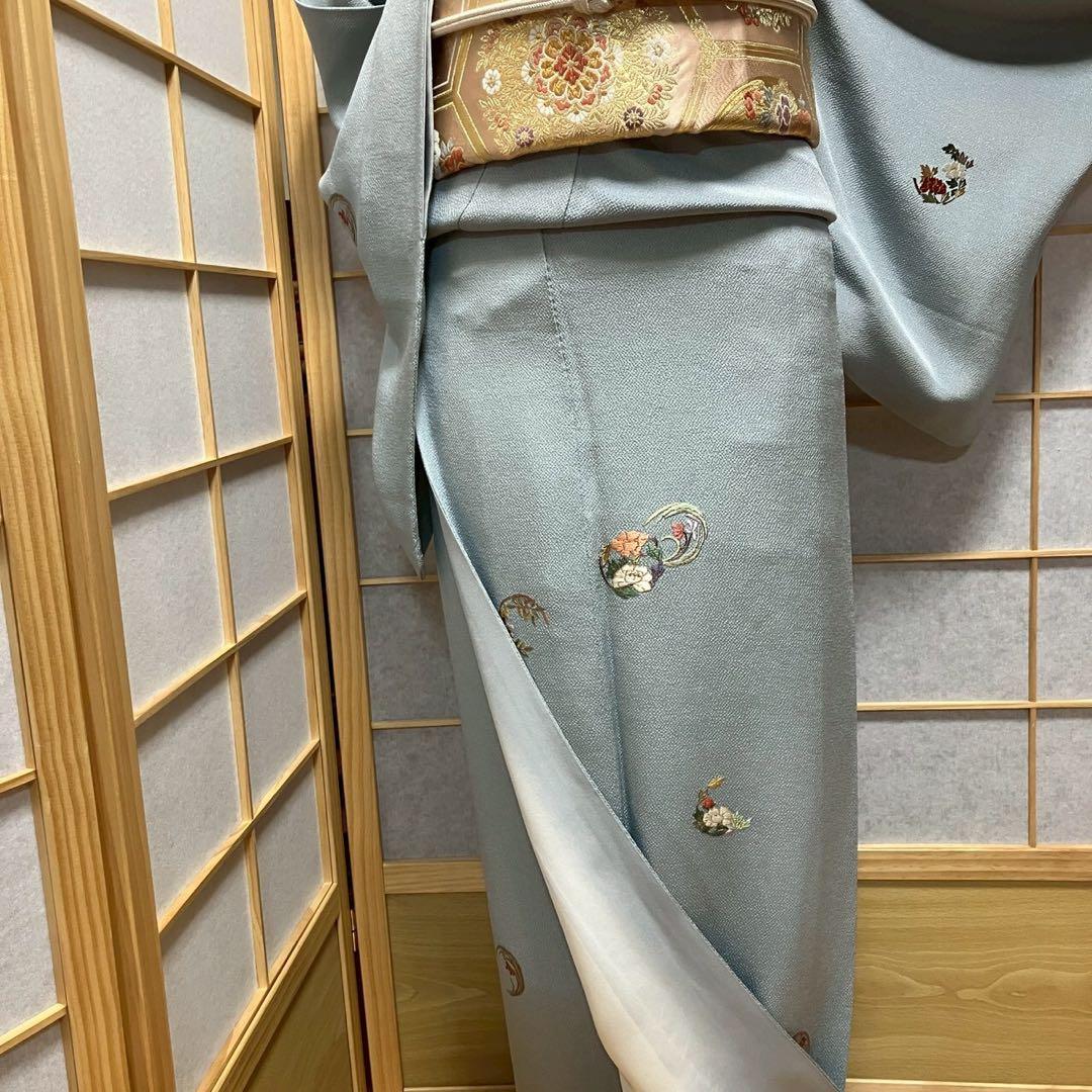 ［7179］訪問着 相良刺繍 花丸文様 縮緬 一つ紋 違い鷹の羽 正絹 着物 袷