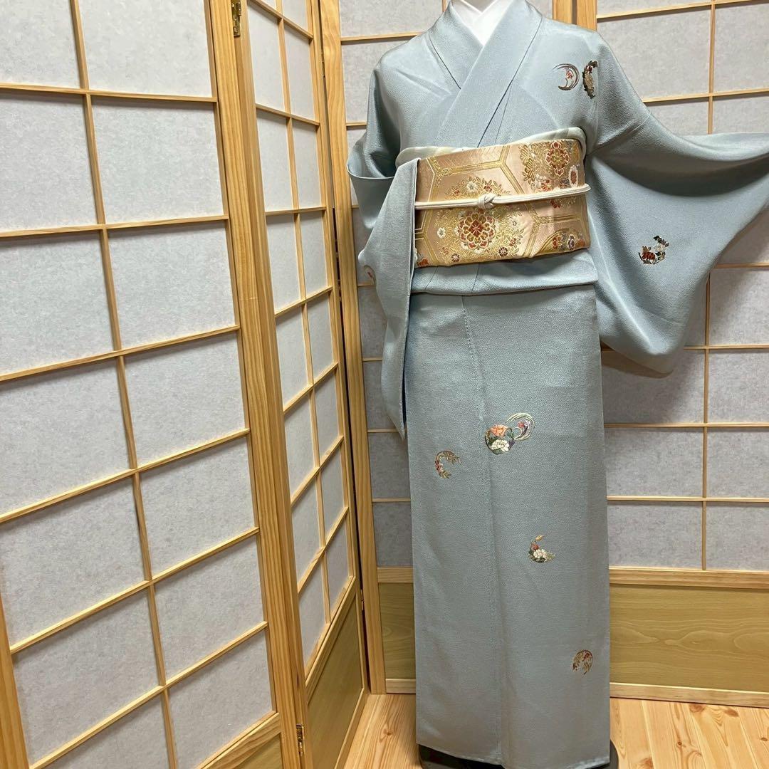 ［7179］訪問着 相良刺繍 花丸文様 縮緬 一つ紋 違い鷹の羽 正絹 着物 袷