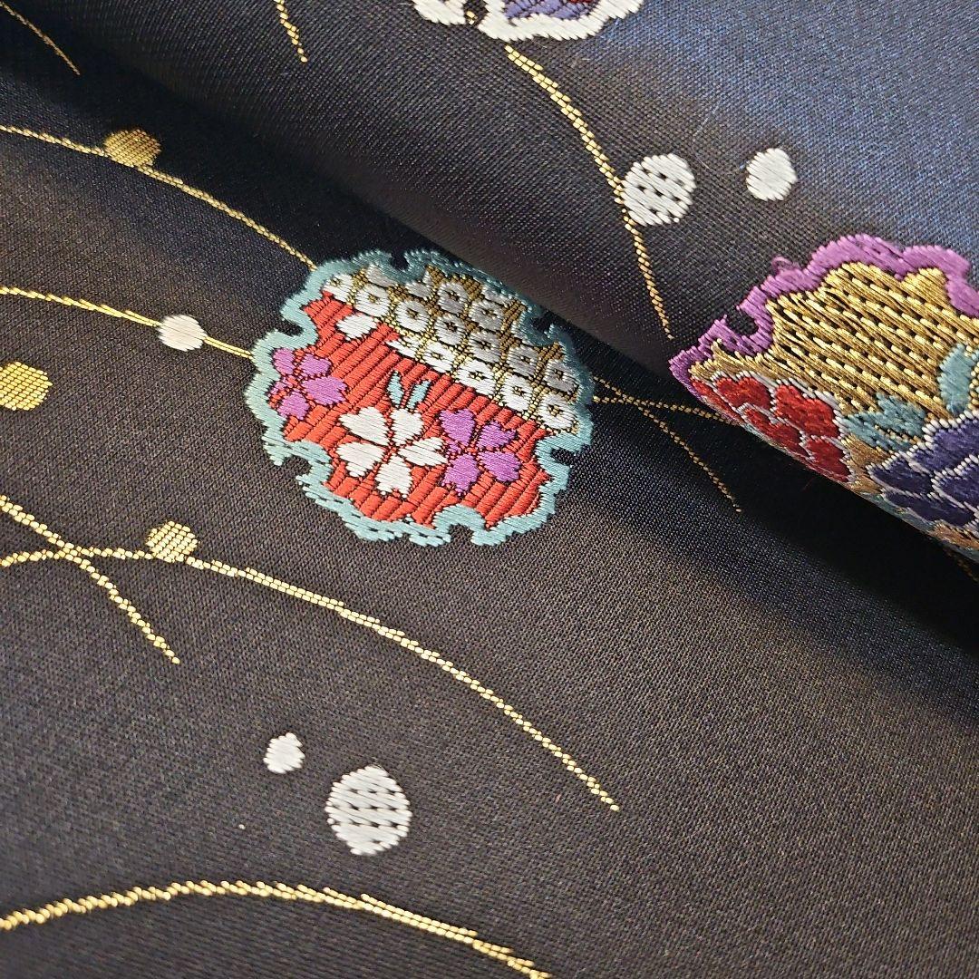 名古屋帯☆雪輪文様☆九寸☆露草☆正絹☆セミフォーマル☆黒地☆金彩