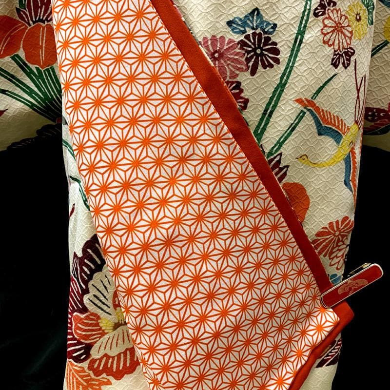 508ag21,オレンジしごき□七五三 七歳 女児 着物&袋帯(おまけ) 紅型風