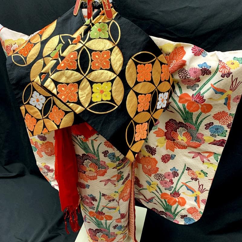 508ag21,オレンジしごき□七五三 七歳 女児 着物&袋帯(おまけ) 紅型風