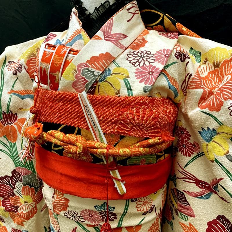 508ag21,オレンジしごき□七五三 七歳 女児 着物&袋帯(おまけ) 紅型風