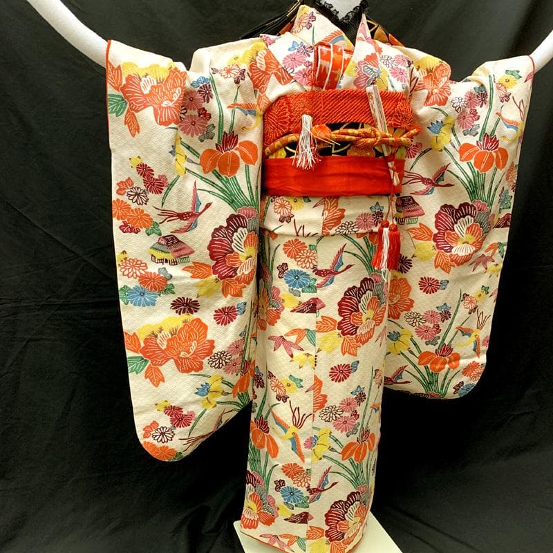 508ag21,オレンジしごき□七五三 七歳 女児 着物&袋帯(おまけ) 紅型風