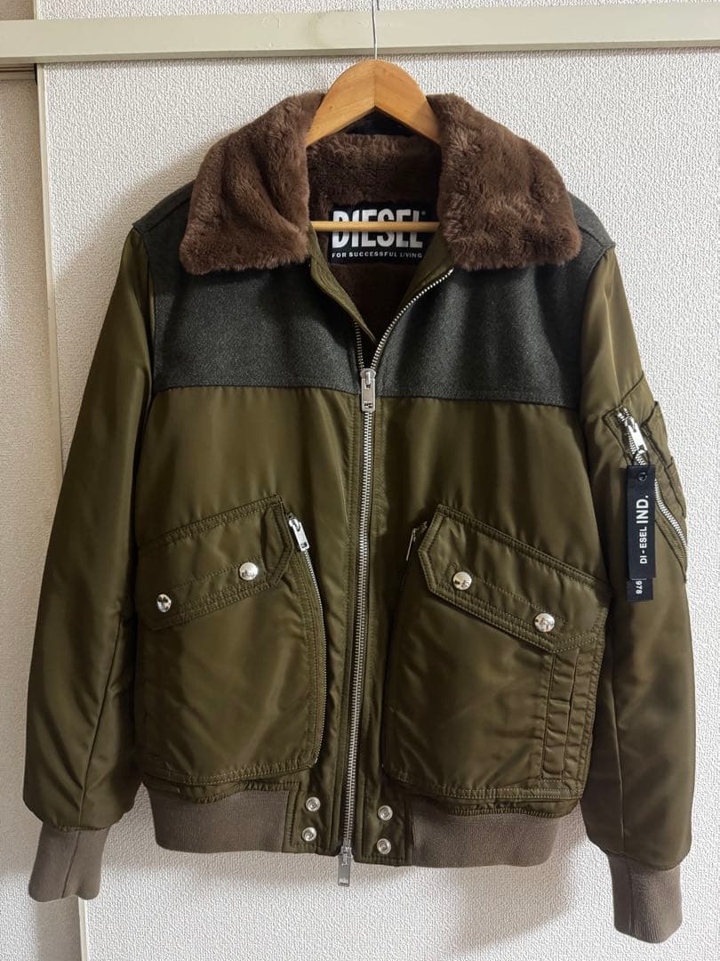 DIESEL フライトジャケット MA-1 ボア襟 ウール切替 オリーブ M