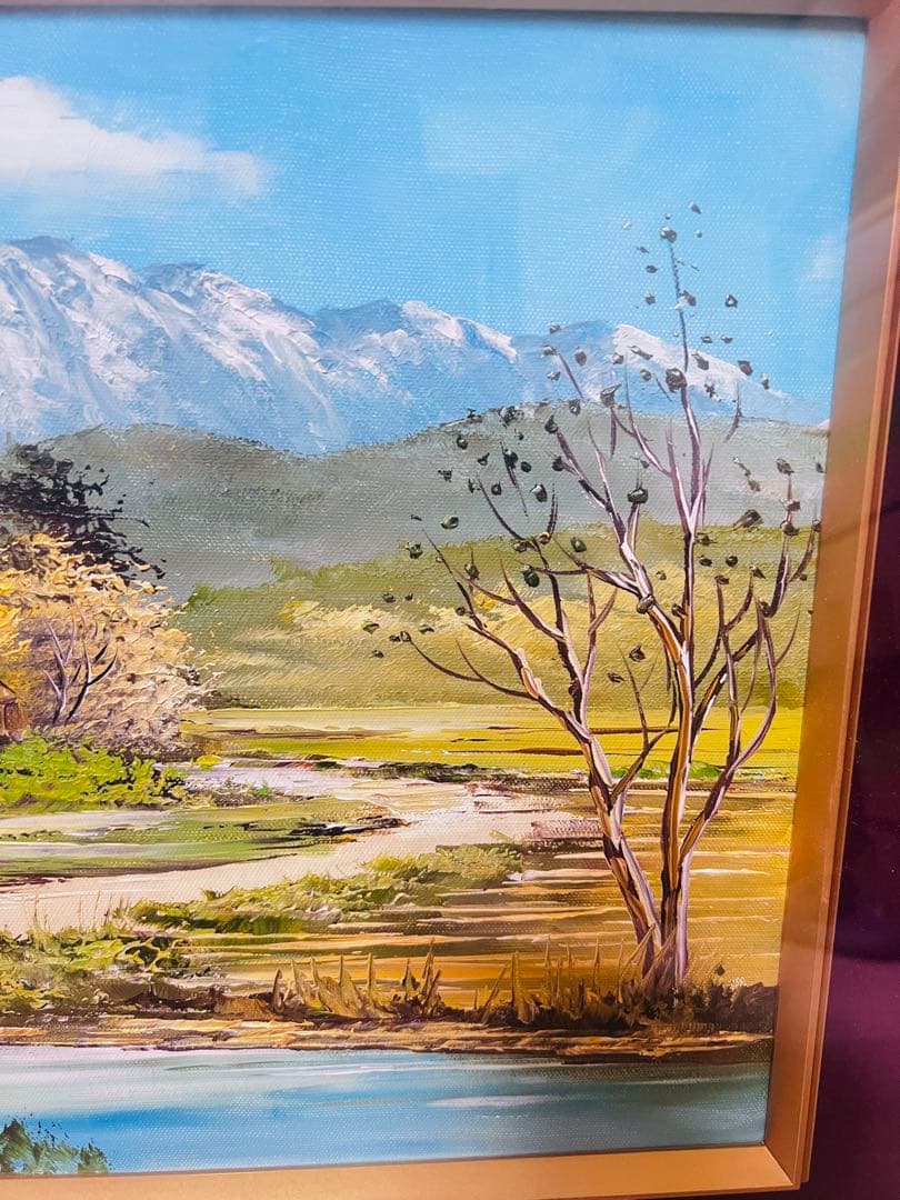 中*勝様 真作】肉筆絵画　沢健　キャンバス油彩山里風景画　美術品